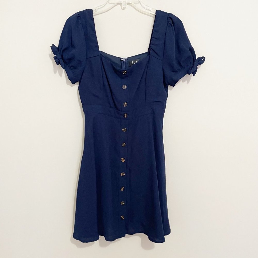 Lulu's Size L Navy Puff Sleeve Button Front Short Sleeve Dress Tie Sleeve
